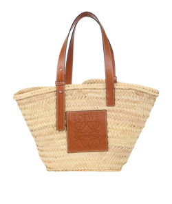 Medium Basket Bag, Palm Leaf/Calfskin, Beige/Brown, MIS, DB, 3*